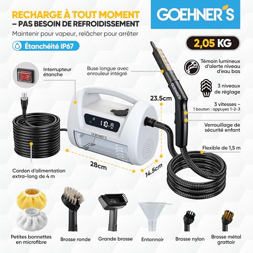 Portable High Pressure Steam Cleaner, 110°C/3.5Bar Steam Device for Home, Fast Heating 30s with 3 Steam Levels, Suitable for Tiles, Kitchen, Bathroom and Car, White