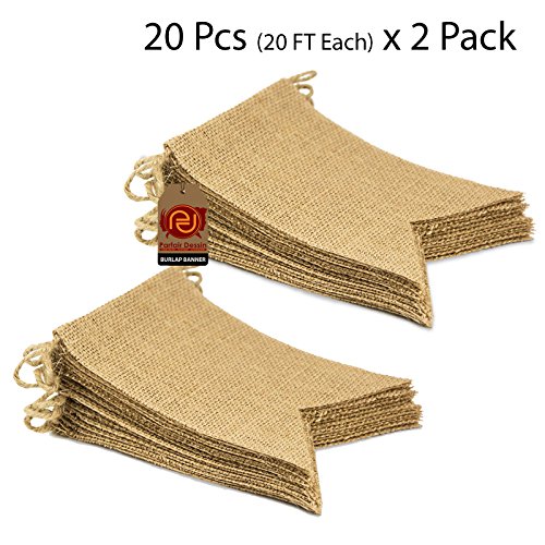 Parfair Dessin 40 Pcs Stiffened Swallowtail Flag Bunting Burlap Banner PreStringed No DIY Garland Decoration for Holidays Camping Halloween Christmas 40 Feet (Natural, Flag 1)