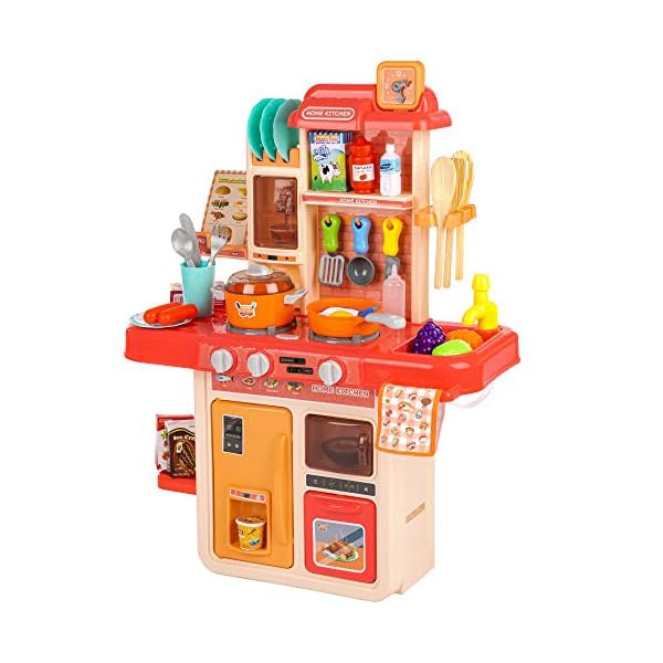 Kinderplay Kinderküche, Spielküche – Küche Spielzeug, Licht, Ton, Wasser, Wasserdampf Kochen Imitierend, 42 Accessoires…