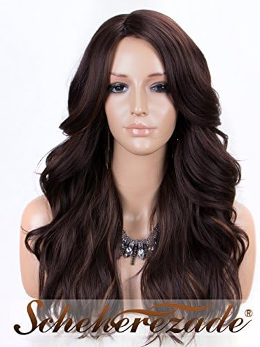 Brown Synthetic Wigs with Highlights, Long Wavy Wigs with Right Side Parting Scheherezade Full Machine Made Heat Resistant Wigs