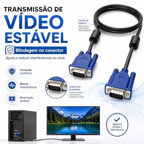 Cabo Vga 1,5m Macho X Macho Com Filtro Para Monitor Pc Tv Projetor Notebook 15 Pinos Conexão Estável Imagem Nítida Compatível Com Tela Externa Uso Residencial Profissional Full HD