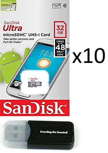 Sandisk 32GB 32G Micro SDHC Ultra (10 Pack) MicroSD TF Flash Memory Card High Speed Class 10 SDSQUNB-0032G-GN3MN with Everything But Stromboli Memory Card Reader