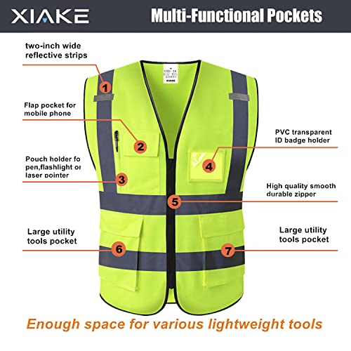 XIAKE High Visibility Reflective Safety Vest with Pockets and Zipper