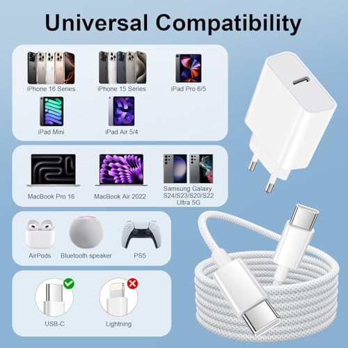 30W Fast Charging Charger for iPhone 17 16 15/16 15 Pro/16 15 Pro Max/16 15 Plus/iPad 10 Generation iPad Pro, USB C Charger Fast Charging Charger Type C Adapter with Nylon Braided USB C Cable 2M