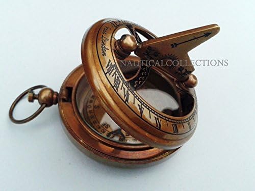 HUMAIRA NAUTICAL SUNDIAL COMPASS BRASS SUNDIAL COMPASS BROWN ANTIQUE VINTAGE POCKET PUSH BUTTON