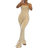 Ekaliy Women's 2 Piece Strapless Tube Top & High Waist Flared Pants Set Summer Vacation Travel Airport Lounge Outfits