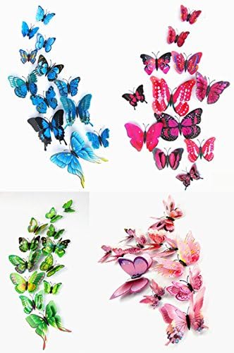 Chunney® 48pcs Double Layer 3D Butterflies DIY Magnet Wall Stickers Decorations (12 Purple Red&amp;12 Blue&amp;12 Green&amp;12 Pink)