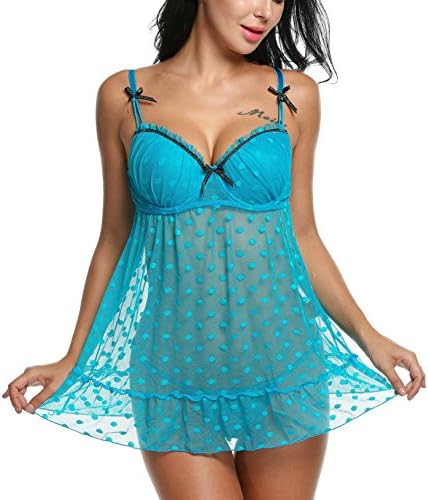 elomes Women Sexy Lingerie Dress Fever Blush Babydoll Sleepweaer Nightwear With G-String Blue Medium
