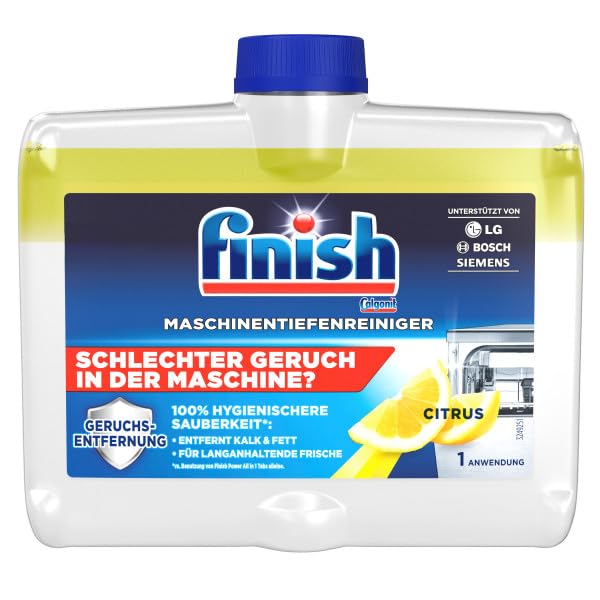 Finish Maschinentiefenreiniger Citrus – Flüssiger Maschinenreiniger gegen Kalk und Fett für eine saubere Spülmaschine – Sparpack mit 1 x 250 ml Maschinenpfleger mit Zitronenduft 2
