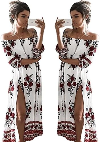 Women Long Sleeve Off Shoulder Bohemia Floral Print Split Beach Maxi Dress S
