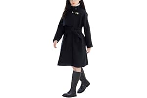 Girls Wool Trench Coat Winter Dress Coat Warm Windbreaker Overcoat with Belt & Pockets for Kids 5-15 Years