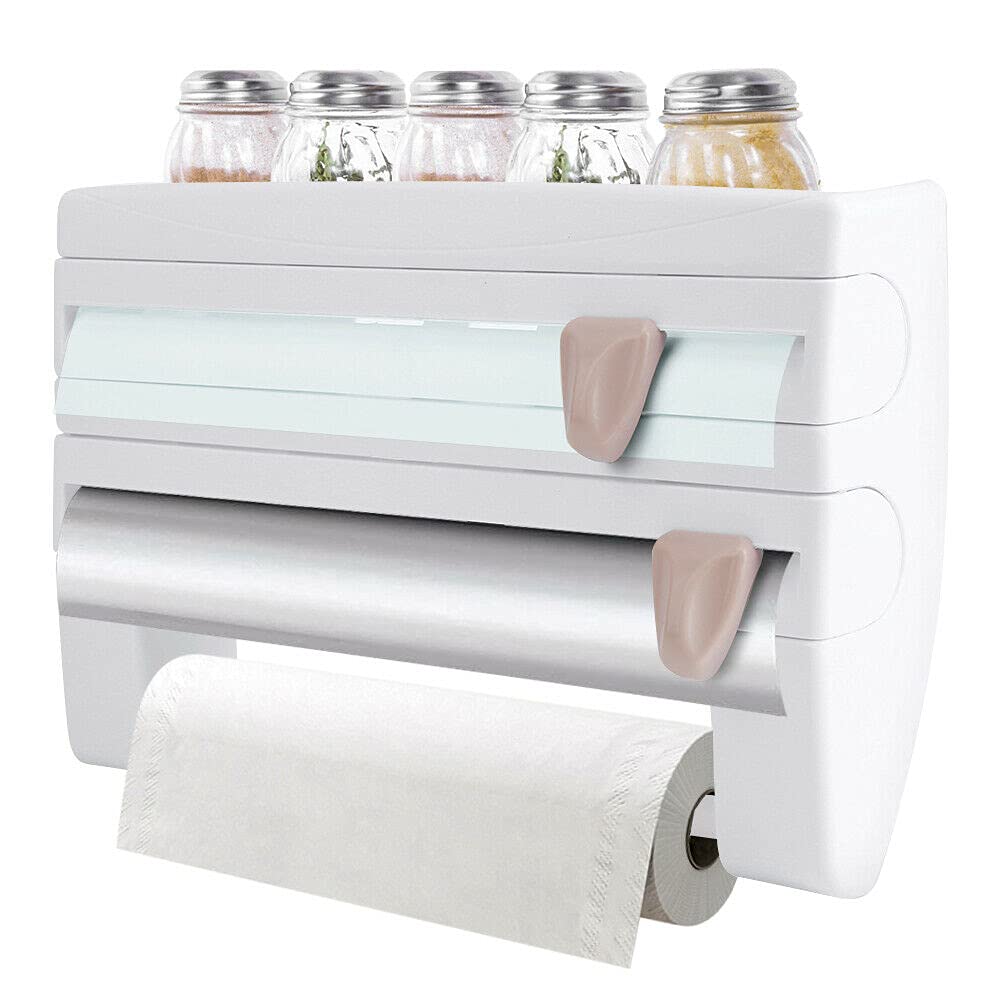 Ausla Wall Mounted Cling Film and Foil Dispenser, Multifunctional Kitchen Roll Holder, Space-Saving Organiser in White