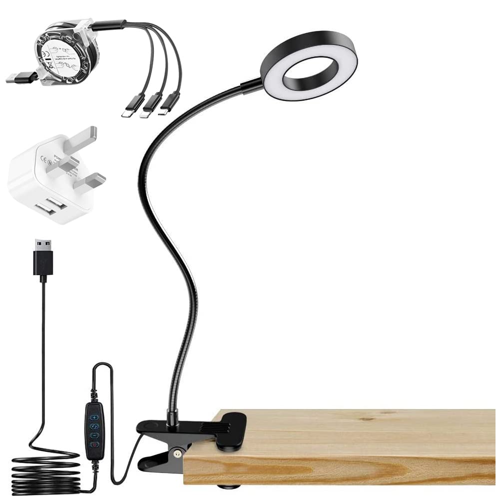 BONFQERT Reading Table, Clip on Desk with 3 Pin Plug USB Mains Charger Adapter, 10 Dimmable Brightness 3 Light Modes, 3 Way Multi Charger Cable for IP/Type-C/Micro-USB