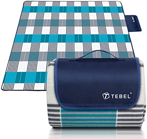 Q-Jing Extra Large Picnic & Fleece Blanket,Picnic Rug 80'' x 80'' with Aluminium Waterproof Backing Triple Layers (Blue) (Blue Check)