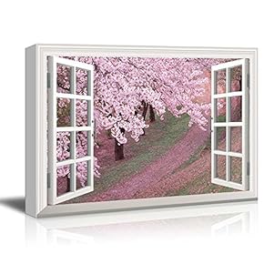 Canvas Print Wall Art - Window Frame Style Wall Art - Pink Cherry/Sakura Blossom in Spring | Giclee Print Gallery Wrap Modern Home Decor. Stretched & Ready to Hang - 24" x 36"