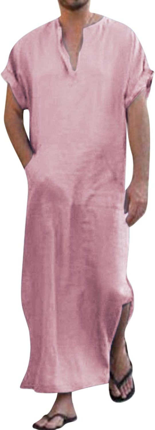 Men's V-Neck Short Sleeve Home Robe Side Split Kaftan Cotton Long Gown Thobe