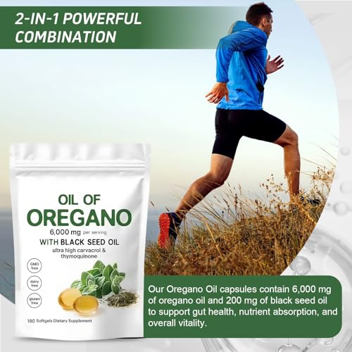 Oregano Oil with Black Seed Oil Capsules – 2-in-1 Formula for Immune Support – Plant-Based, Non-GMO Oil of Oregano Capsules (180 Softgels/1 Bag)