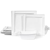Yummost Square Melamine Dinnerware Sets of 12 Pcs,Square Plates and Bowls Sets,Unbreakable Dish Set for 4,Lightweight, Dishwasher Safe and BPA Free,Suit for RV,Camping（White）