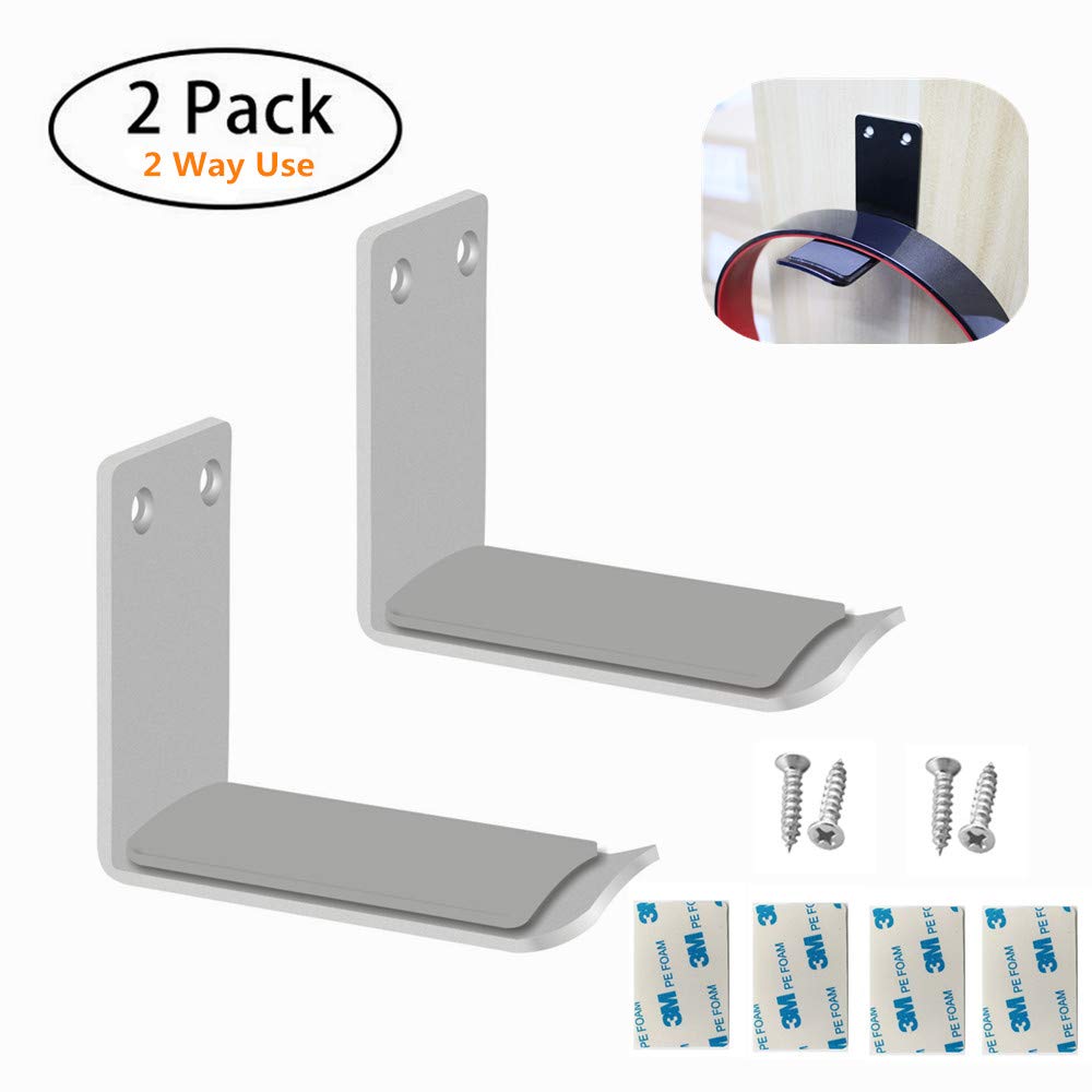 MeetRade Headphone Stand Holder Stick-On Adhesive Hooks Under-Desk Earphone Stand Headset Hanger Mount 2 Pack Aluminum Wallmount Hook Clamp Headphone Desk Hanger (Silver)