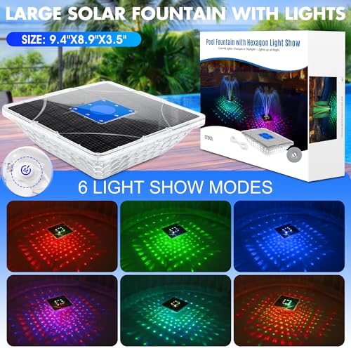 LanBlu Fuente Solar con Espectáculo de Luces, 24 * 24CM Fuente Flotante para Piscina con Ancla, 7 Modo de Iluminación Fuente Solar Jardin Exterior, Flotante Fuente Solar para Estanque Piscina Jardin