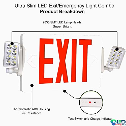 Ultra Slim Red Exit Sign, 120-277V Double Face LED Combo Emergency Light with Adjustable Two Head and Backup Battery Commercial Grade, Fire Resistant UL Certified, 5 Years Warranty- 2 Pack