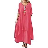 Nupucy Women's Cotton Linen Double Layer Irregular Dresses Loose Crewneck Long Sleeve Flowy Plus Size Maxi Dress with Pockets