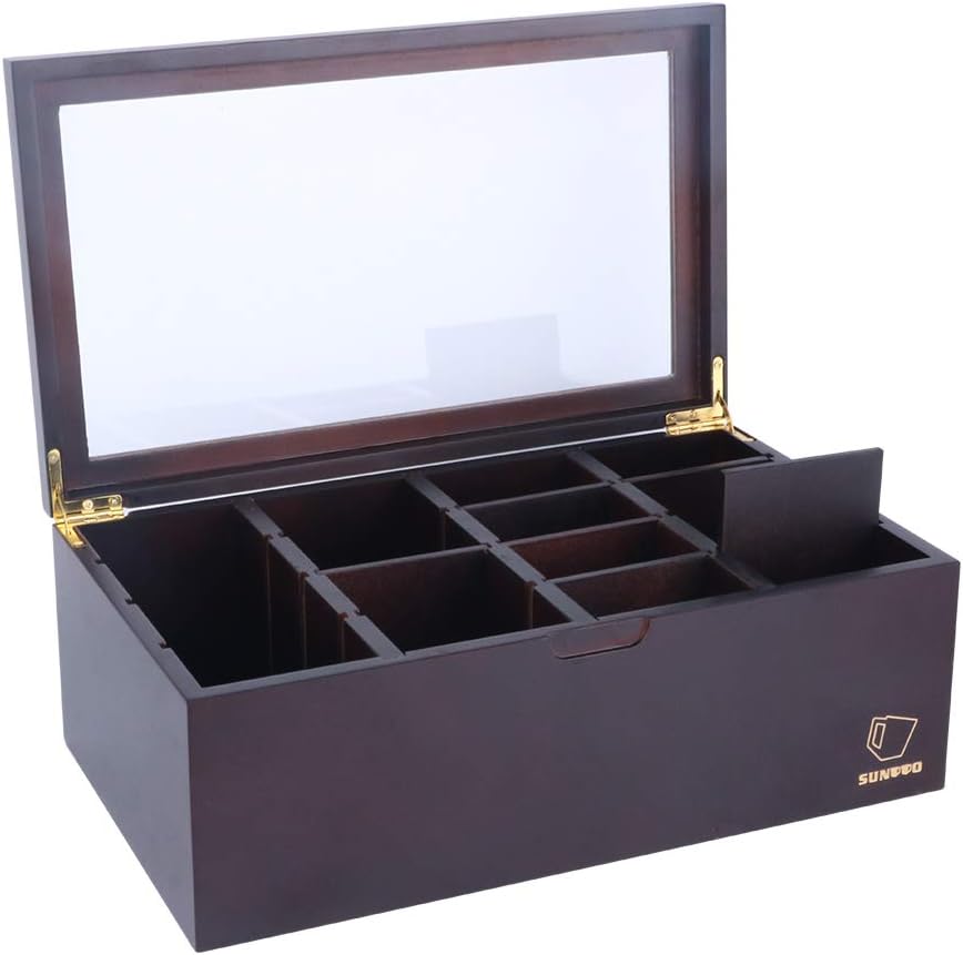 Sunddo Natural Wooden Tea Box Storage Organizer,Freely Adjustable Compartments and Transparent Lid
