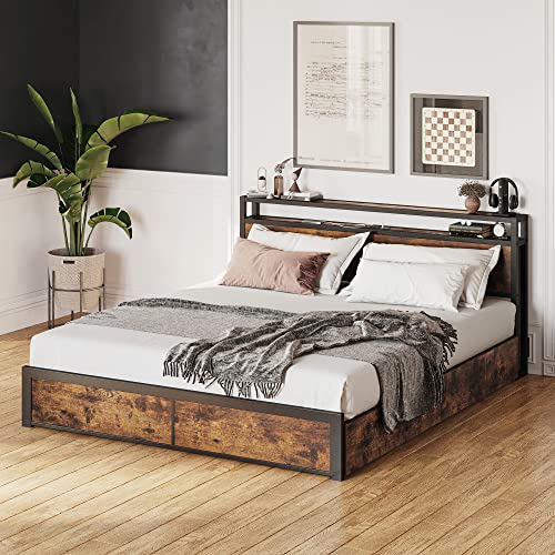 LIKIMIO Queen Bed Frame with Storage Drawer, 2Tier Storage Headboard