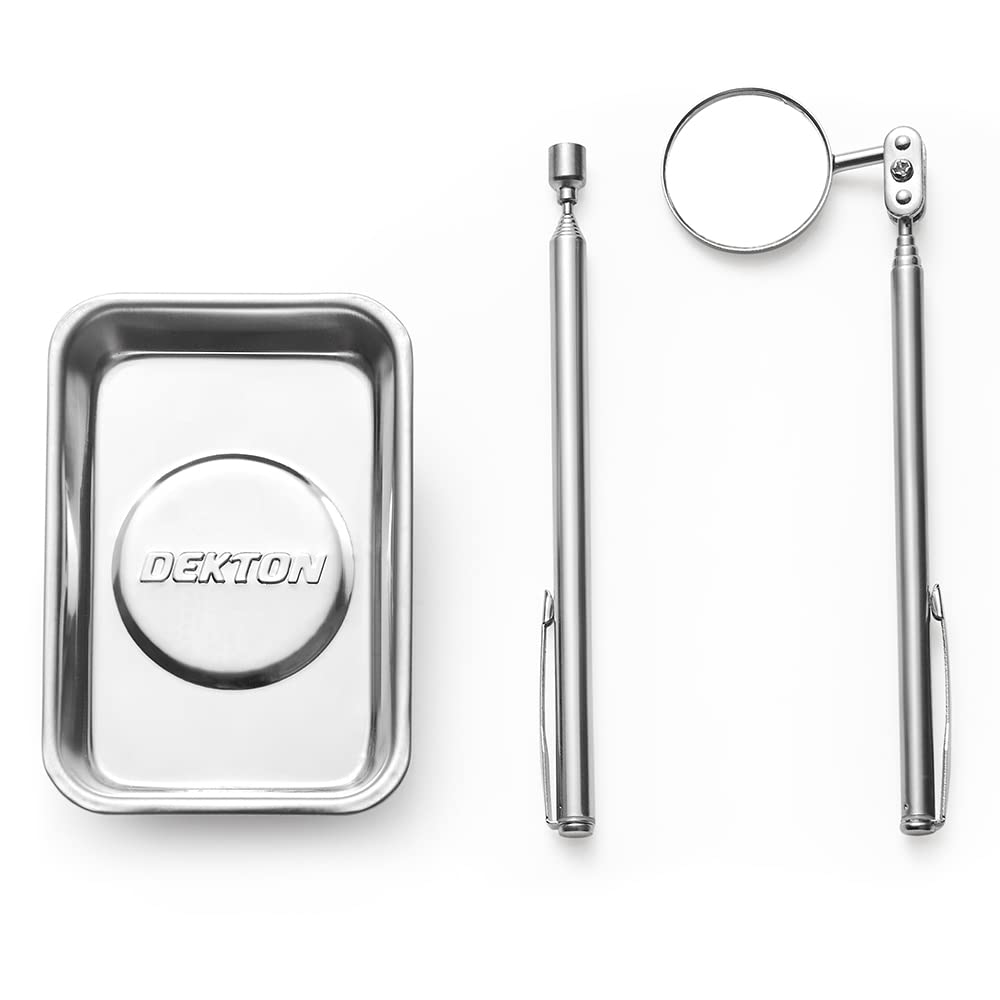 Dekton 3PC Magnetic Tool Set, Stainless Steel Magnetic Tray, Telescopic Magnetic Pick-Up (125mm to 490mm), Adjustable Inspection Mirror for Hobbies, Home, Garage & Workshop