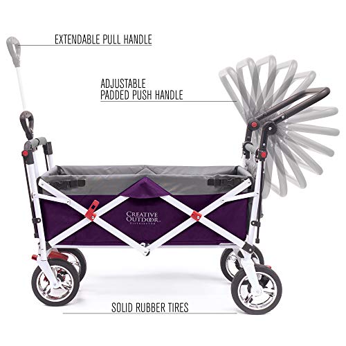 Creative Outdoor Push Pull Collapsible Folding Wagon Stroller Cart for Kids | Silver Series | Beach Park Garden & Tailgate | Purple