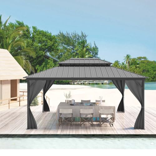 12x16FT Gazebo Hardtop Double Roof Canopy with Netting and Curtains,Outdoor Gaz…