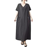 ENGLUCK Women's Plus Size Cotton Linen Dresses Oversized Summer Short Sleeve Loose Casual Long Dress with Pockets Solid Color