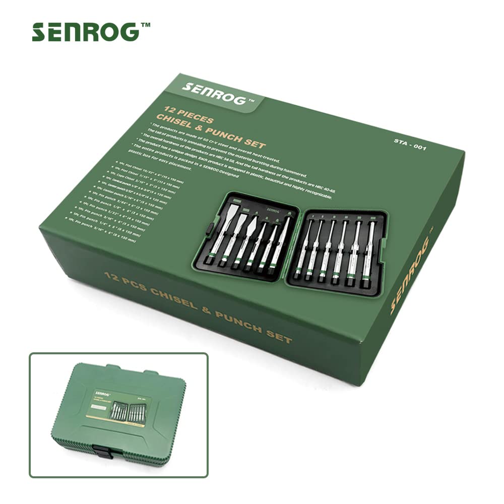 SENROG 12-Piece Punch and Chisel Set, Including Pin Punch, Cold Chisel, Taper Punch, Center Punch, Carrying Case, Widely Used in Factories, Repair Shops, Home