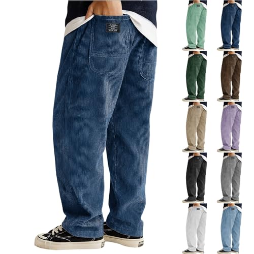 Angxiwan Casual Trousers for Men Loose Corduroy Trouser with Pockets Comfortable Wrinkle-Resistant Fit Pants Straight Leg Sweatpants Elasticated Waist Durable Pants Navy
