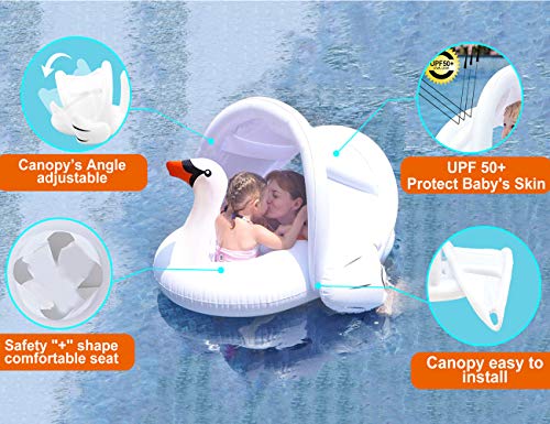 GreaSmart White Swan Baby Pool Float with Canopy Inflatable Swimming Ring Sunshade for Infant Kids Toddler Indoor Outdoor Pool Training Float Ring Pool Toys Fit 8-48 Months Baby