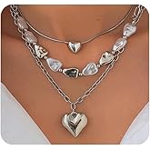 Chunky Heart Necklace for Women Pearl Layered Choker Necklaces Big Heart Pendant Statement Necklaces Fashion Party Jewelry Accessories Valentines Day Gifts
