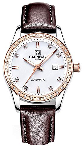 Luxury Rhinestone Women's Automatic Mechanical Watch Leather Strap Waterproof Watch (Rose Gold Brown)