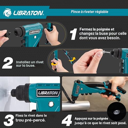 LIBRATON Heavy Duty Rivet Pliers, Pop Rivet Pliers, Professional Manual Riveter Riveting Tool with 160 Rivets, Includes 4 Tips, 4 Interchangeable Nozzles Without Tools, for Repair