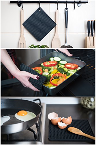 Q's INN Silicone Trivet Mats | Hot Pot Holders | Drying Mat. Our 7 in 1 Multi-Purpose Kitchen Tool is Heat Resistant to 440°F, Non-slip,durable, flexible easy to wash and dry and Contains 4 pcs Black.