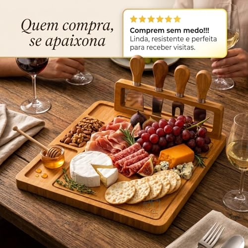 Tábua de Frios Petisqueira Bambu com Kit 4 Facas e Suporte | Tábua para Queijos Aperitivos e Servir | Bandeja Gourmet Premium 39x29cm