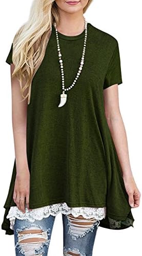 WEKILI Women's Tops Short Sleeve Lace Scoop Neck A-Line Tunic Blouse S-Green L/US 12-14