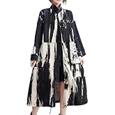 ellazhu Women's Coats Retro Trench Mock Neck Long Sleeve Oversize Zip up Printed Long Maxi Hem Side Pockets GZ624 A