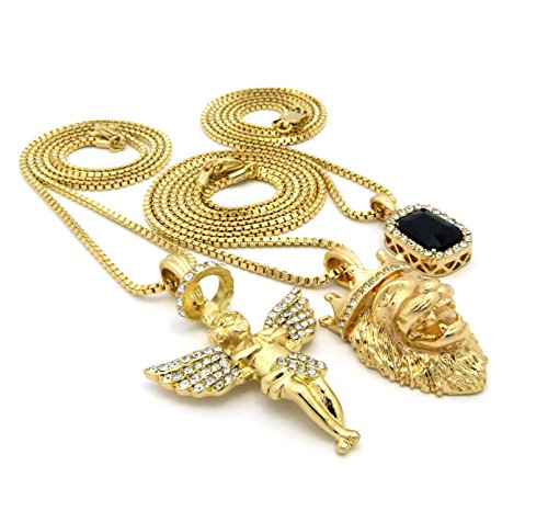 Micro Colorful Gemstone, Angle, Lion Pendant 24",30" Box Chain 3 Necklace Set Gold Tone RC1413G (Black)