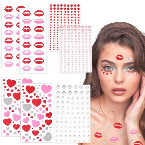 584 pegatinas de cara con purpurina, pegatinas para la cara con corazones, autoadhesivas, con forma de corazón y labios, pegatinas para tatuajes faciales, para San Valentín, carnaval, maquillaje para