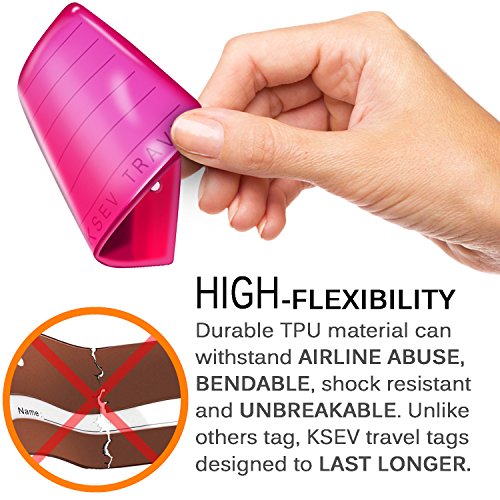 Luggage Tags 4 PACK, KSEV Travel Tags, ID Labels, Name Card Holder for Baggage Bags Suitcases Backpacks (Pink)