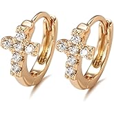 CZ Cross Rose Gold Plated Small Hoop Earrings for Women Cubic Zirconia Hypoallergenic Faith Huggie Hoops Cartilage Piercing Earring Birthday Christmas Jewelry 9mm Inner