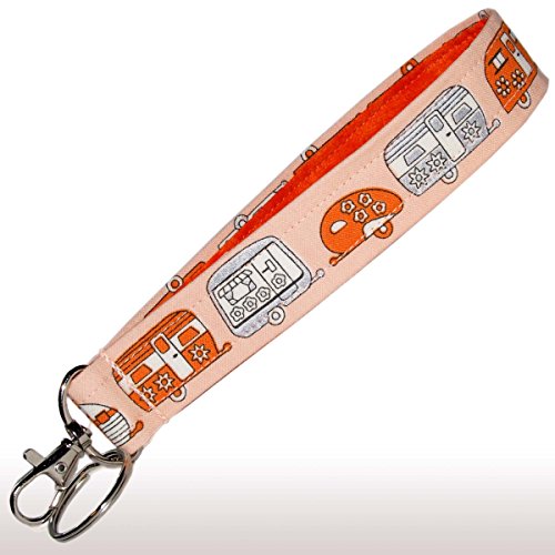 Camping Key Fob Wristlet - Camper Keychain - Retro Orange & Silver - RV Accessories - Wallet Strap
