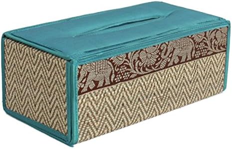 Thai Handicraft Reed and Silk Elephant Design Tissue Box Cover (Turquoise)