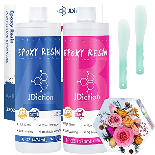 JDiction Epoxy Resin 32OZ - Upgrade Formula, 3X UV Protection, Crystal Clear Epoxy Resin Kit Casting and Coating for River Table, Jewelry, Wood, Tumblers Crafts, Art Painting, Easy Mix 1:1 Resin