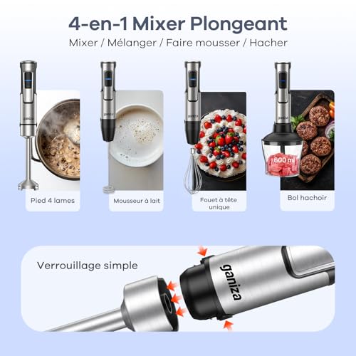 Ganiza Mixeur Plongeant 5-en-1, Mixeur Plongeur 1200W en Acier Inoxydable, Vitesse Réglable& Modes Turbo, avec Hachoir de 600ml, Fouet, et Verre Doseur 800ml, Idéal pour Soupes, Smoothies